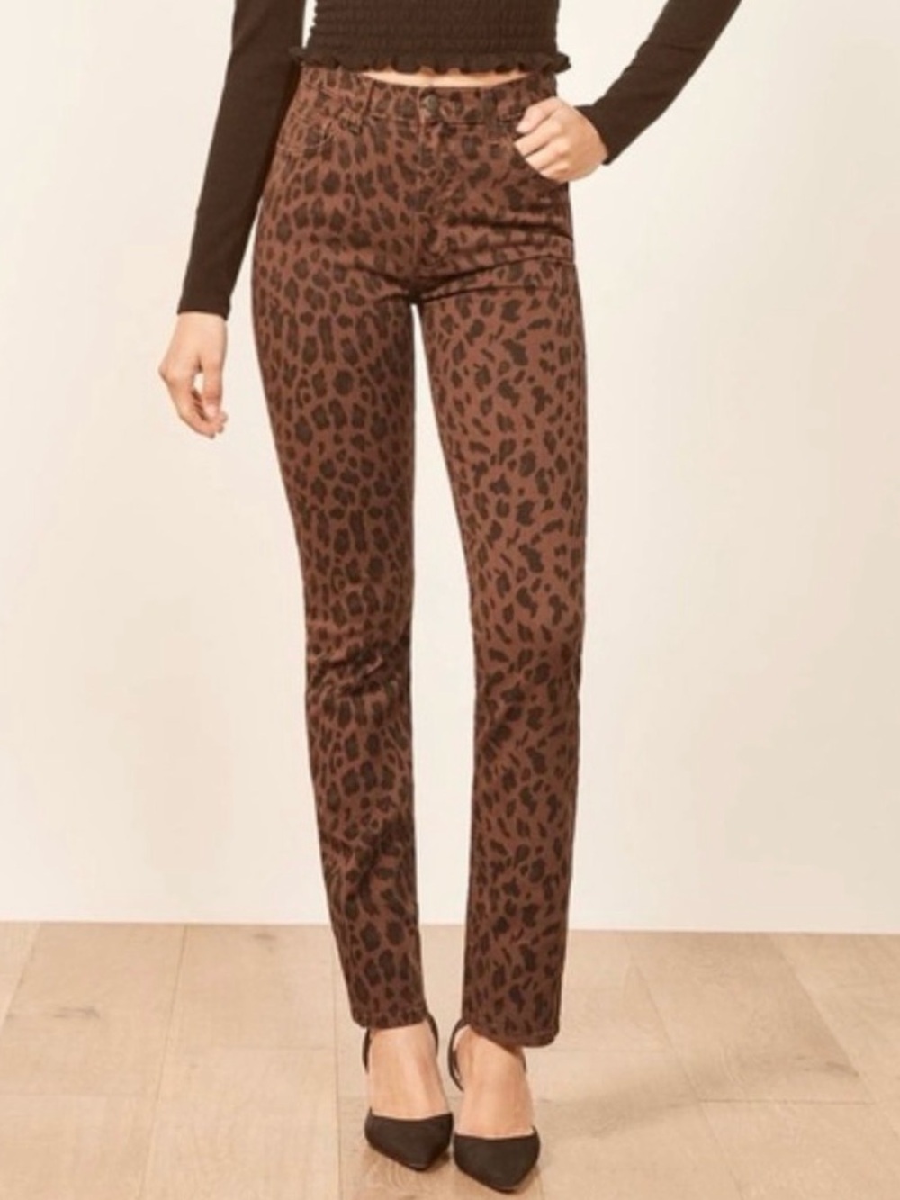 Reformation High-Rise Straight Leg Ankle Jeans Leopard Cheetah Print Size 26